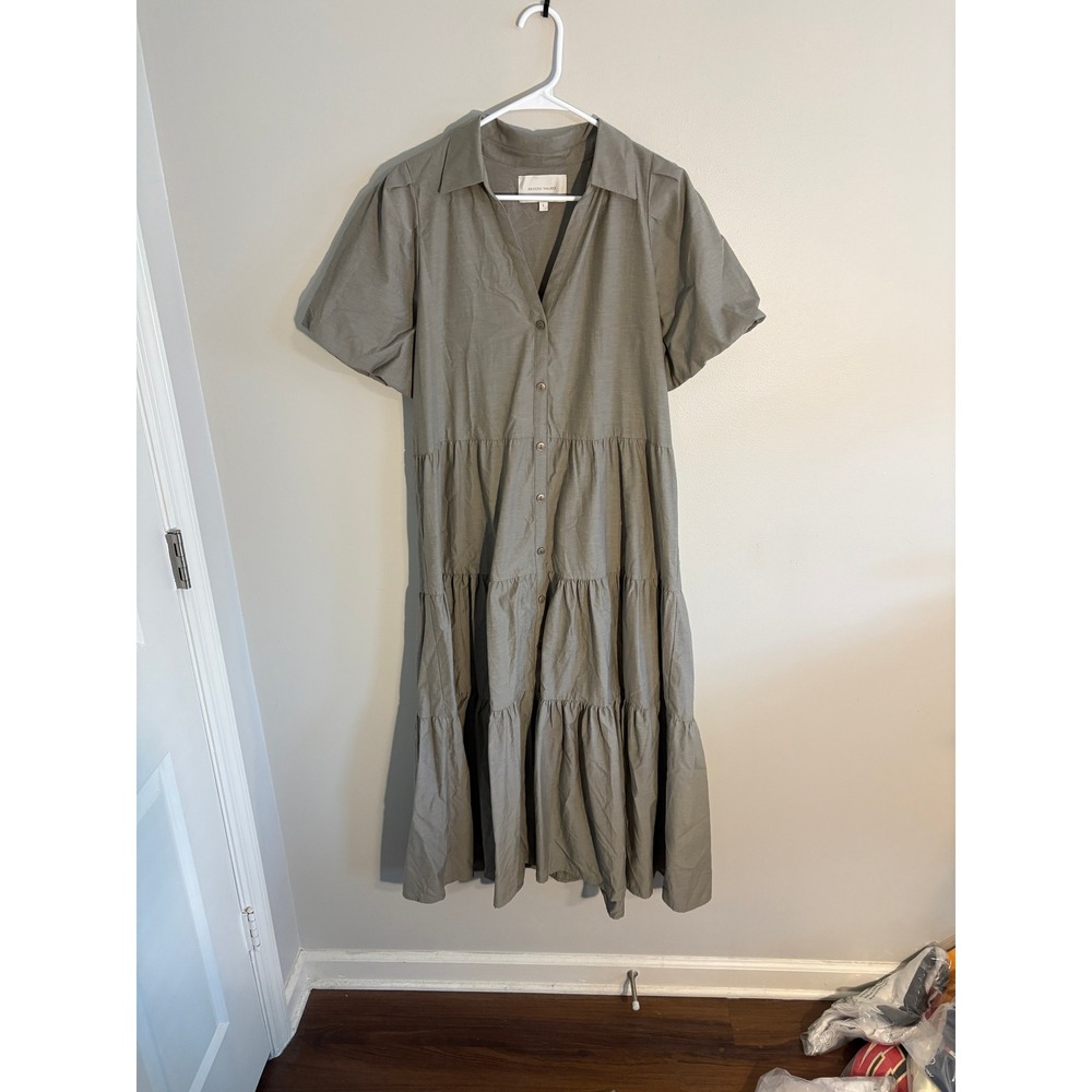 Brochu Walker Tiered Shirt Dress Short Puff Sleeve Olive Green Midi Large